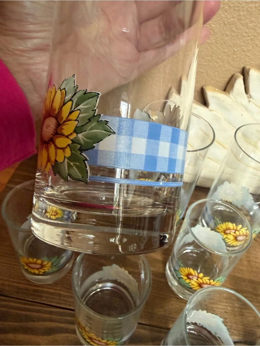 Corelle Vintage Sunflower Blue Plaid Print Drinking Glasses lot of 10!